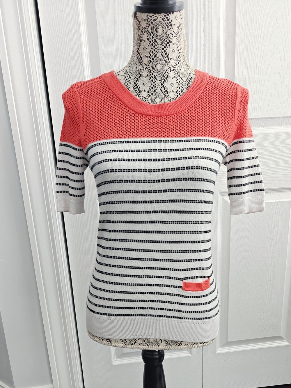Milly Coral Black & White Striped Knit Sweater Top